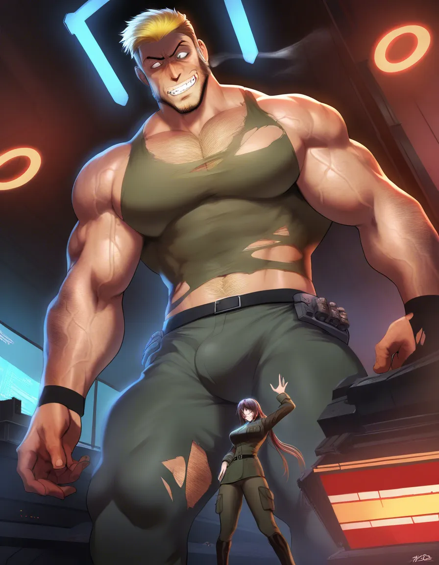 Giant muscular_female, petite mature_male , extreme size_difference, huge height_difference, scary female, female torn_clothes crop_top underwear, female veins, female blonde_hair short_hair_with_long_locks , thin male military_uniform , military lab , science_fiction , femdom, throat grab lift, female carrying male high, aggressive female, pinned male against_wall, confident female, angry female looking_down , female talking, nervous blush male looking_up , breast_press, male black medium_hair, female abs, female big biceps, female big shoulders, female thick_thighs, female huge_ass, female wide_hips, huge_breasts, male narrow_waist, male stubble, domination, eye_contact, female crushing male, aged_up, /masterpiece, hentai_studio_quality