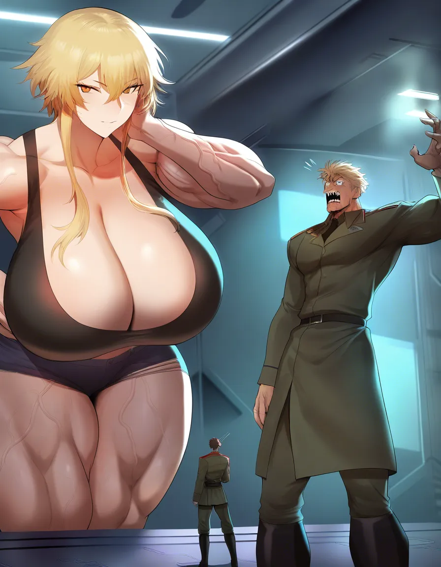 Giant muscular_female, petite mature_male , extreme size_difference, huge height_difference, scary female, female torn_clothes crop_top underwear, female veins, female blonde_hair short_hair_with_long_locks , thin male military_uniform , military lab , science_fiction , femdom, throat grab lift, female carrying male high, aggressive female, pinned male against_wall, confident female, angry female looking_down , female talking, nervous blush male looking_up , breast_press, male black medium_hair, female abs, female big biceps, female big shoulders, female thick_thighs, female huge_ass, female wide_hips, huge_breasts, female pectoral_cleavage, male narrow_waist, male stubble, domination, eye_contact, female crushing male, destruction, aged_up, /masterpiece, hentai_studio_quality