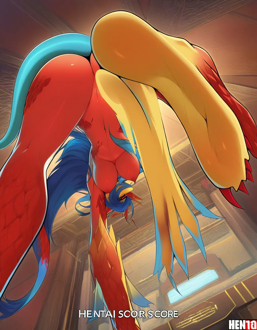 dragon_girl, from_below, nude, barefoot, yellow skin, red_nails, blue_hair, red_eyes, scales, solo, foot_focus, hentai_studio_quality