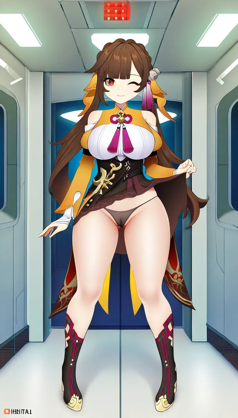 Masterpiece, Genshin Impact style, 1girl, Sushang, Cameltoe, Easy going smile, form behind, outfit, panties Space ship corridor.,,, value:0.1 for: hentai_studio_quality.,,, hentai_studio_quality, hentai_studio_quality
