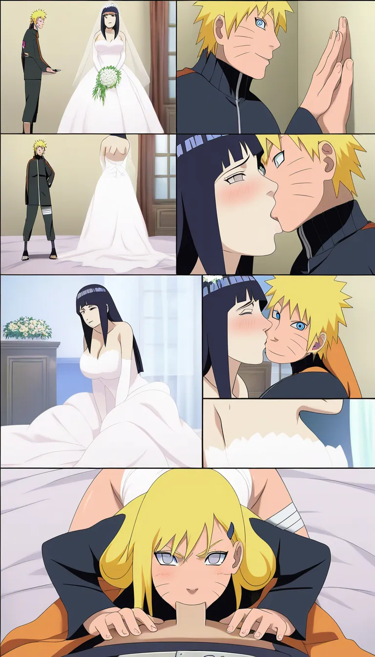 Naruto Uzumaki, standing, evil_smile, @hyuuga_hinata, long_hair, wedding_dress, kneeling, fellatio, bedroom, hentai_studio_quality