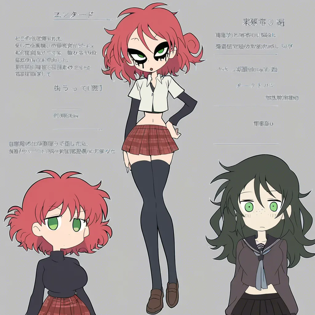 Redhead, freckles, curly hair, green eyes, plump lips, dark eye makeup, plaid miniskirt, black thighhighs, skinny, narrow waist, wide hips,  turn around bend over and raise skirt