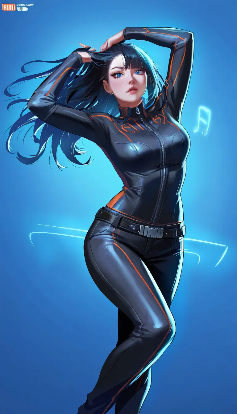 studio quality, sharp focus, solo focus, feet out of frame, belt, dancing, hair pull, blue background, cool tones, hyperrealistic