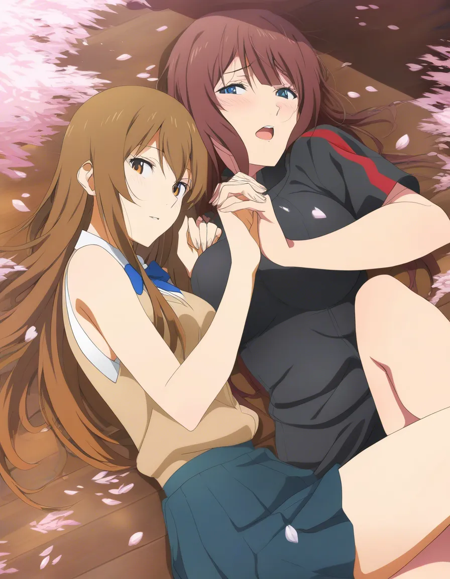 masterpiece, best quality, 2girls, holding hands, sleeveless, missionary, petals, anime style, hentai_studio_quality
