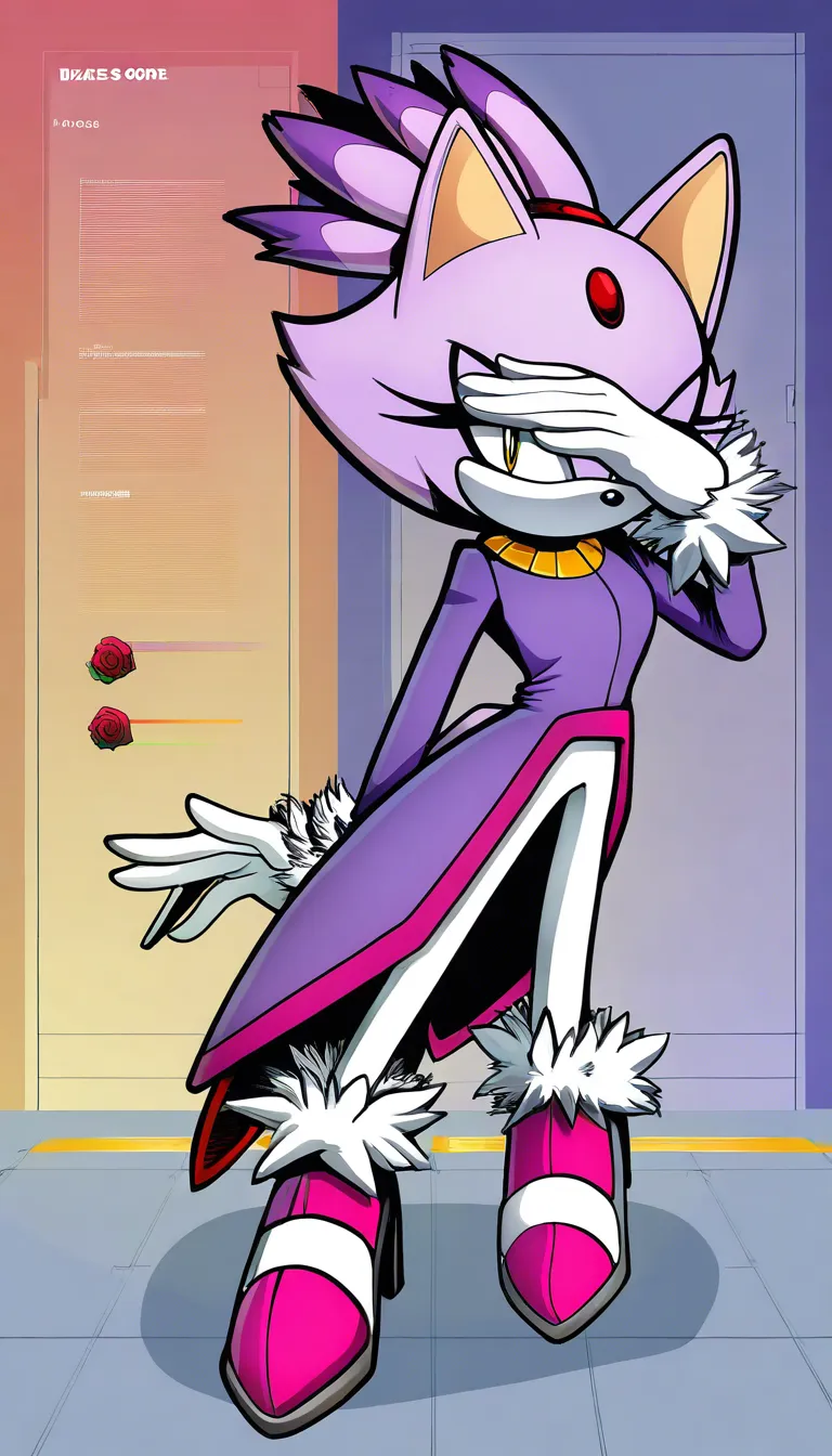 Blaze the Cat, mature female, purple fur, red jewel,  unbuttoned royal purple tailcoat with rose-pink trim, a gold neck collar,  white gloves with fluffy white cuffs, and rose-pink high-heeled shoes with matching fluffy cuffs. (Style: Digital illustration, cell shading, semi-flat coloring, painted soft shadows, vibrant saturated colors, matte finish, clean thin lineart, 2D anime style, no glossy reflections, no rim lights). Confident smirk, half-lidded eyes, pussy, Breasts, nipples, Pov Sex, Pov Vaginal Sex, Pov Vaginal penetration, Pov Pale cock, Garden Background, high quality, masterpiece, hand-drawn look,, hentai_studio_quality