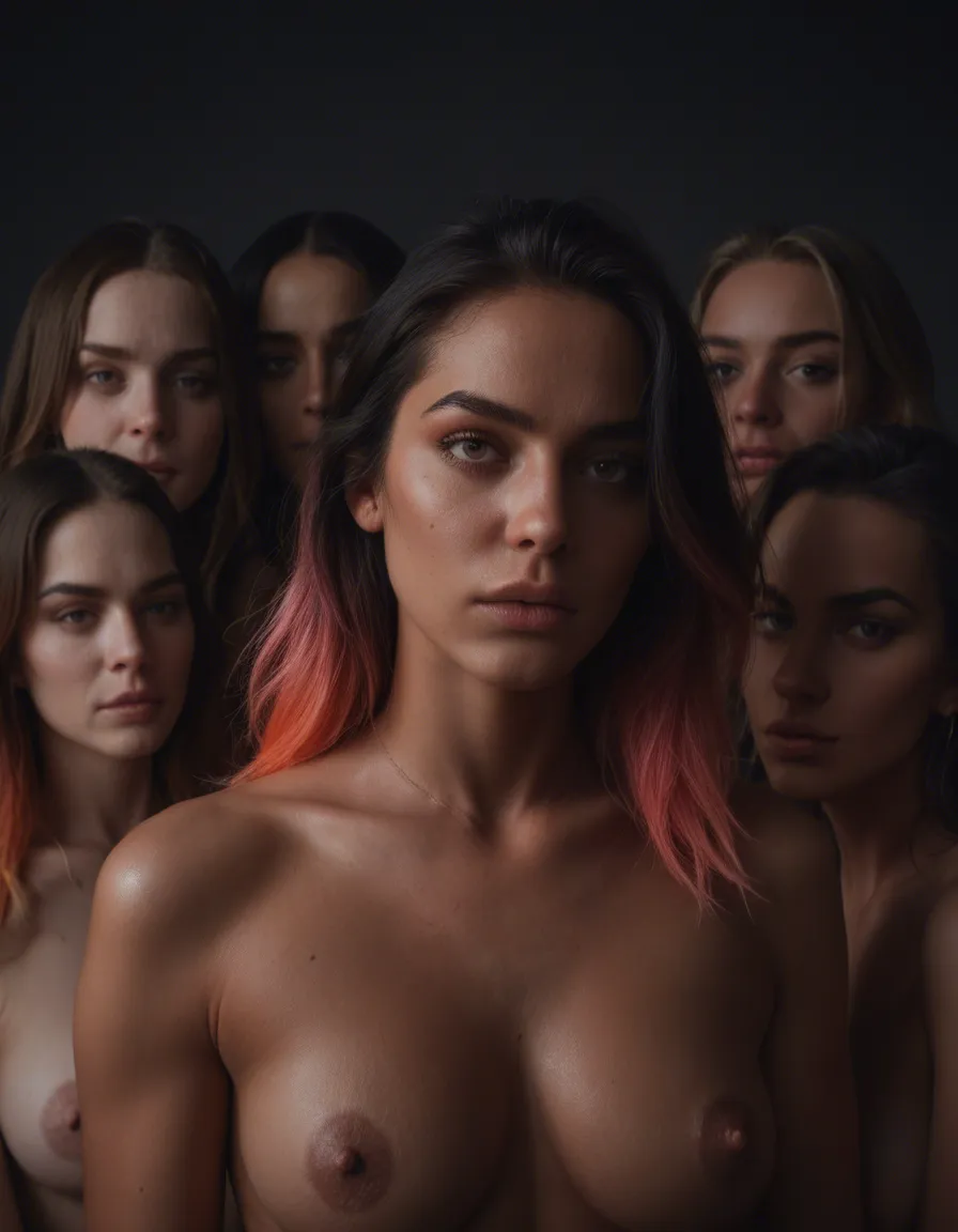ultra HD, lifelike, 6+women, gradient hair, weapon, presenting, neon glow, natural skin texture, score_9, score_8, amateur photo, phone snapshot, realistic skin texture, skin blemishes, soft indoor lighting