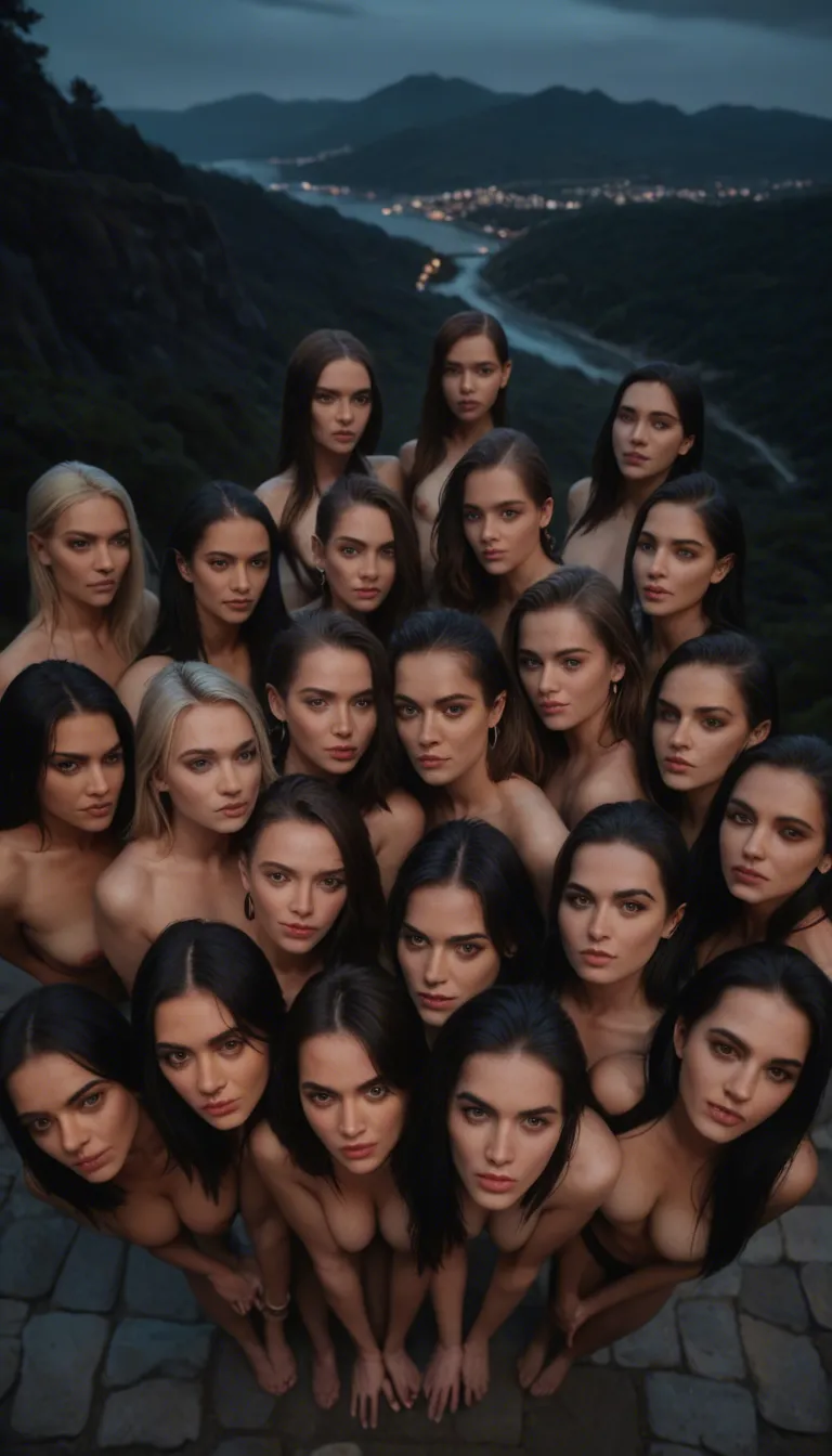 best quality, hyperrealistic, from above, 6+girls, presenting, standing, night, seductive look, natural skin texture