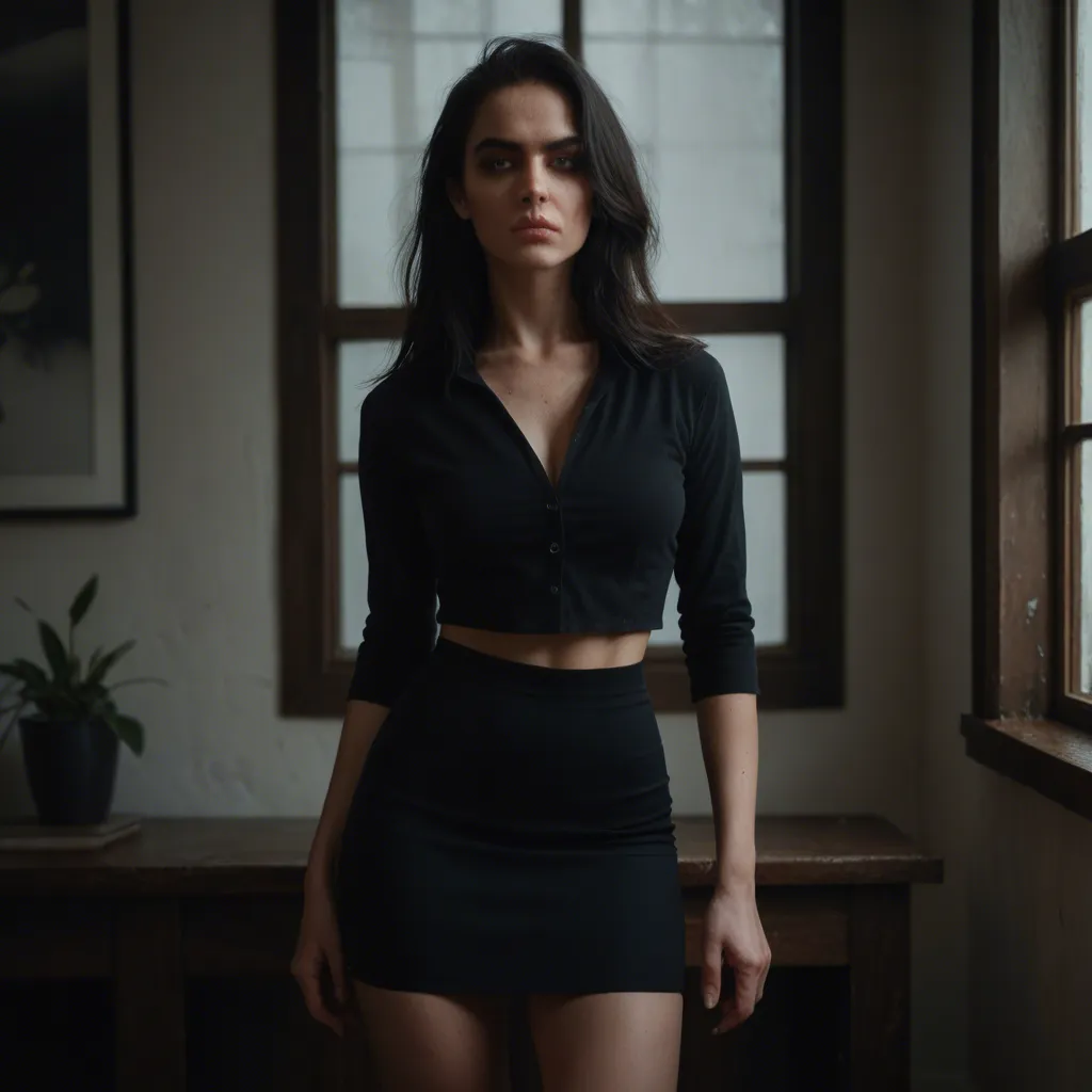 sharp focus, 8k uhd, succubus, black hair, skirt, bondage, window light, hyperrealistic