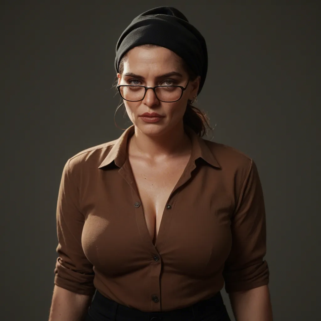 Ultraorthodox chubby Jewish woman, hair wrapped by black silk headscarf, milf, glasses, open unbuttoned brown shirt exposing her big tits, pantyhose, long black skirt lifted up, hairy pussy, doggystyle, fucked from_behind, vaginal penetation, ass up