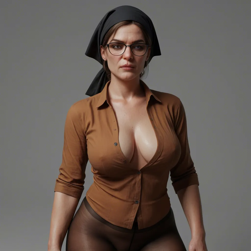 Ultraorthodox chubby Jewish woman, hair wrapped by black silk headscarf, milf, glasses, open unbuttoned brown shirt exposing her big tits, pantyhose, long black skirt lifted up, hairy pussy, doggystyle, fucked from_behind, vaginal penetation, ass up