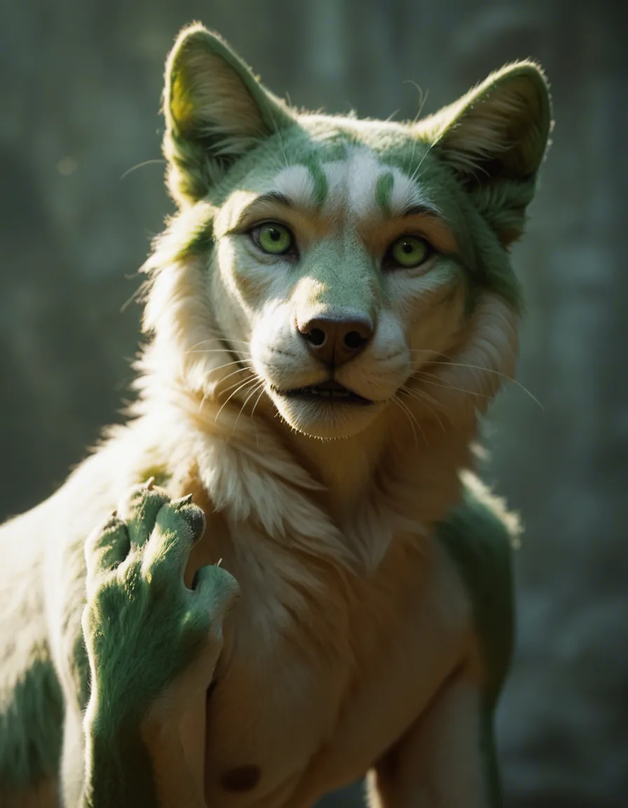 White furry green paw pads green inner ear fur green eyes and mouth jerking off gently then coming into there, score_9, score_8, candid photo, realistic skin texture, visible skin pores, film grain, depth of field