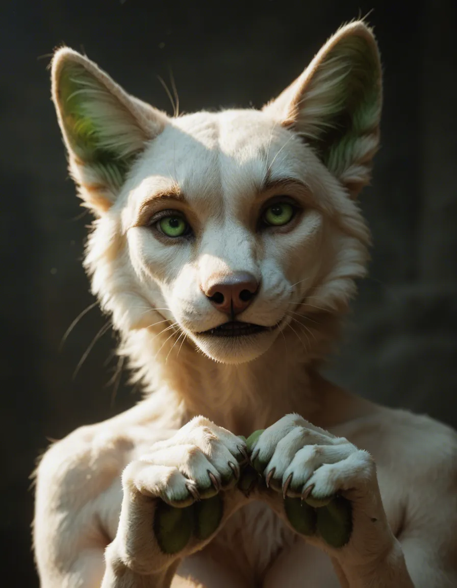 White furry green paw pads green inner ear fur green eyes and mouth jerking off gently then cuming into them, score_9, score_8, candid photo, realistic skin texture, visible skin pores, film grain, depth of field
