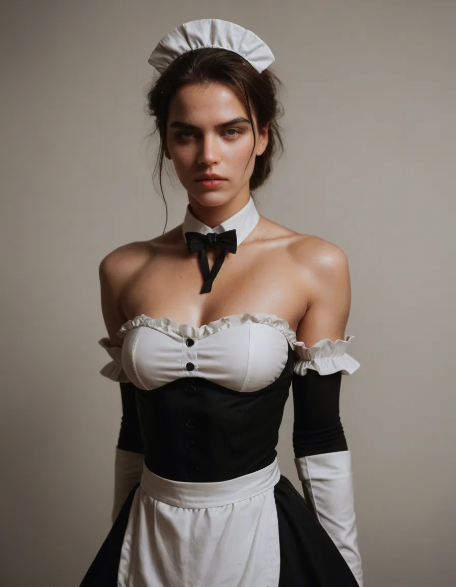 ultra HD, lifelike, maid, toned body, detached sleeves, bondage, three-quarter view, 8k uhd photo, score_9, score_8, candid photo, realistic skin texture, visible skin pores, film grain, depth of field