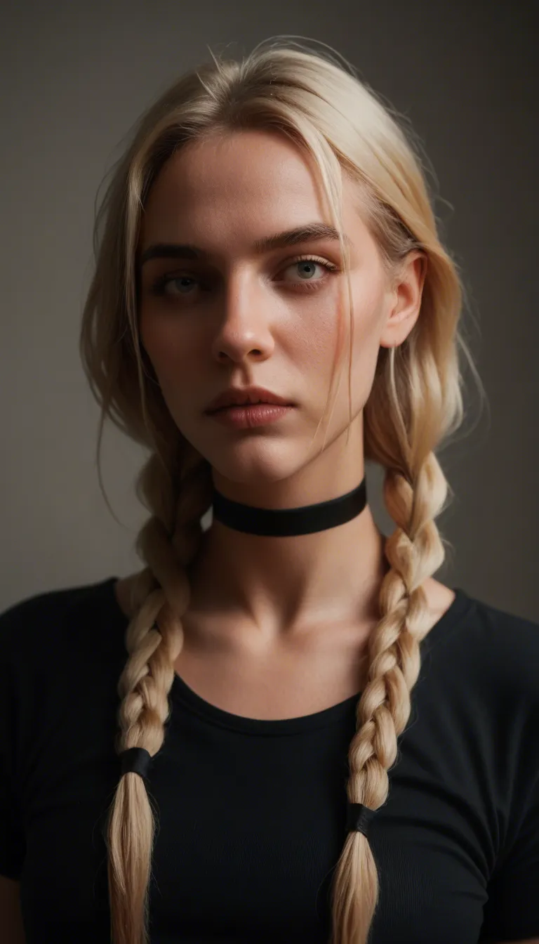 Photorealistic, depth_of_field, 8k, pretty blonde, two braids, black_choker, head tilted down then eyes looking into camera, tight white crop_top , red_and_black plaid miniskirt, cleavage, small b-cup breasts, thick nipples imprinting, , black thighhighs, wrists crossed over head, wiggling hips