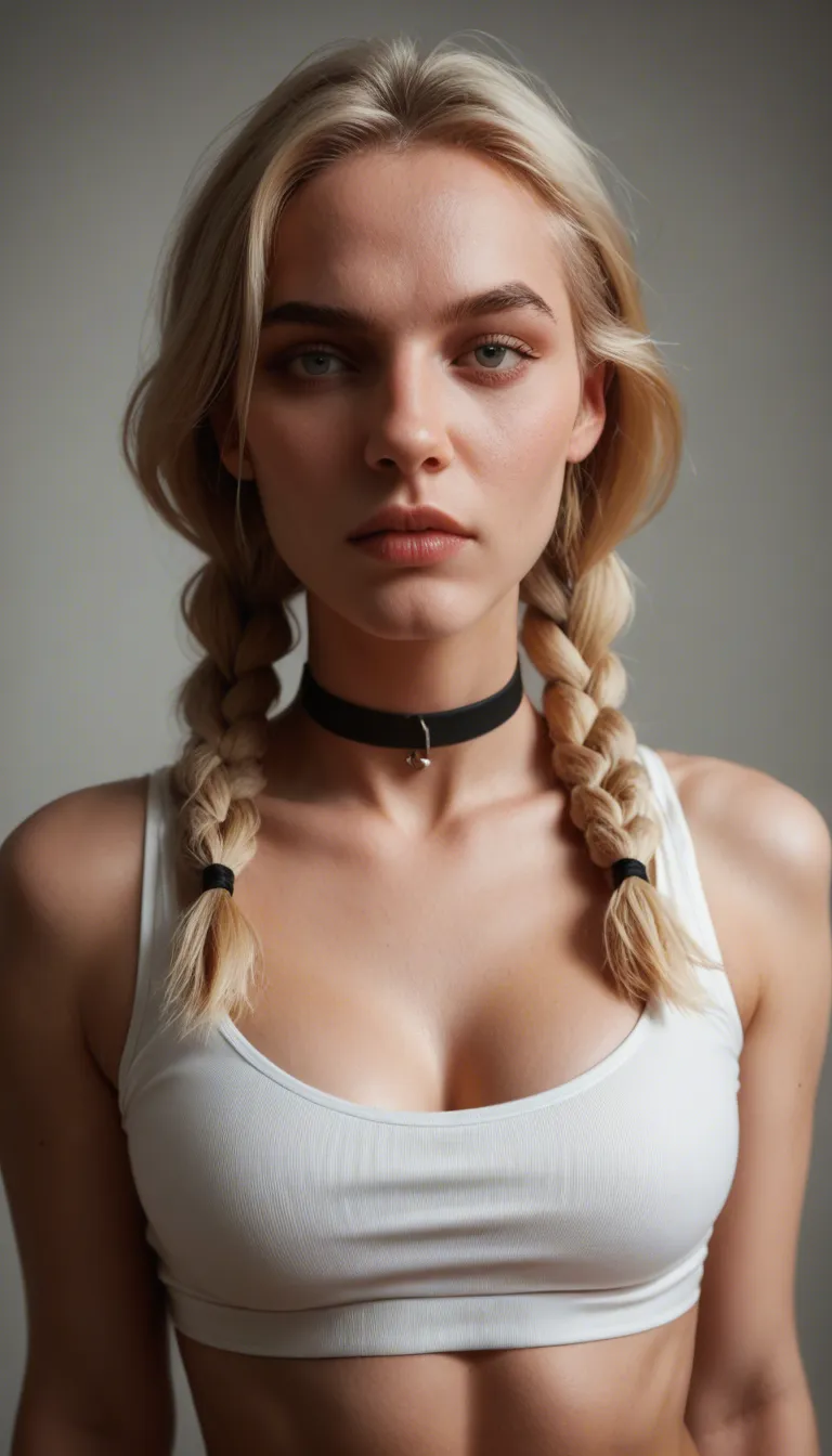 Photorealistic, depth_of_field, 8k, pretty blonde, two braids, black_choker, Smokey eyes looking into camera, tight white crop_top , red_and_black plaid miniskirt, cleavage, small b-cup breasts, thick nipples imprinting, black thighhighs, wrists crossed over head, wiggling hips