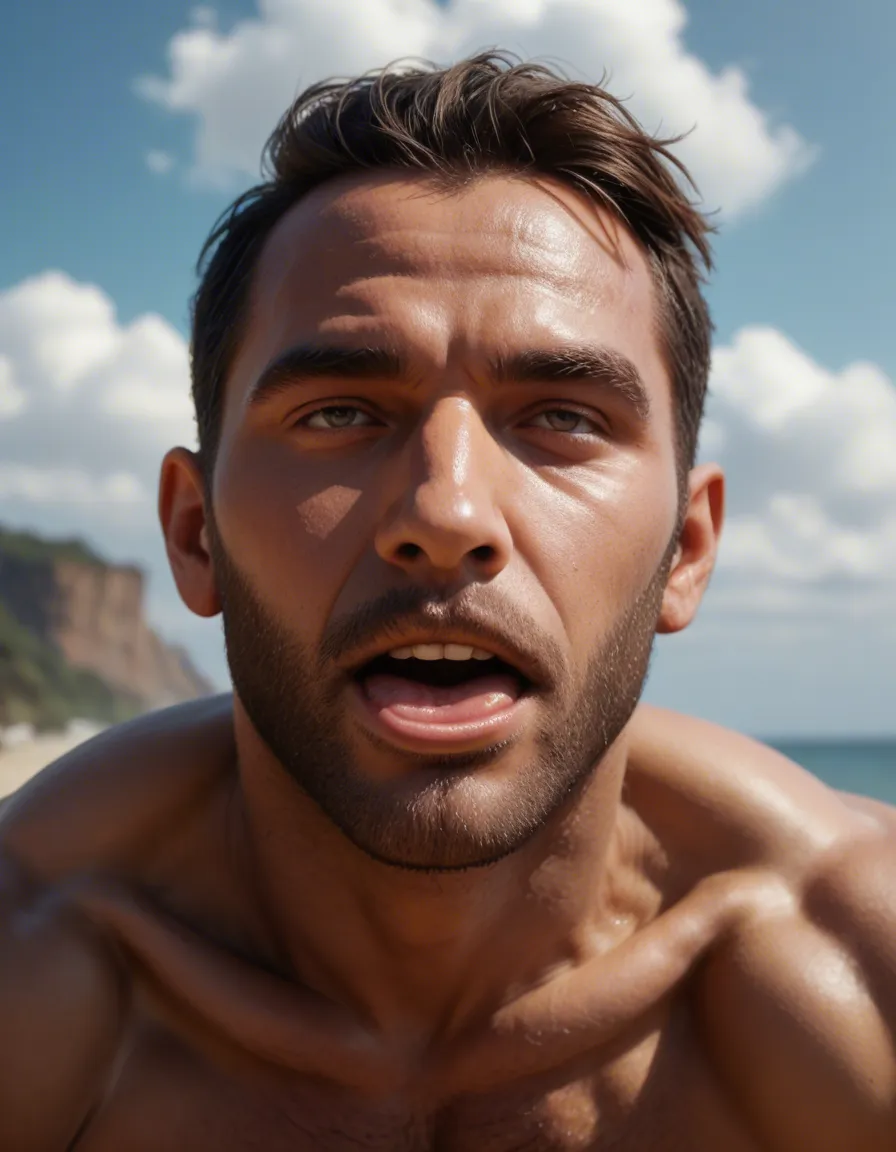 8k, sharp focus, detailed skin, male focus, ahegao, feet out of frame, cloud, dslr quality, score_9, score_8, candid photo, realistic skin texture, visible skin pores, film grain, depth of field