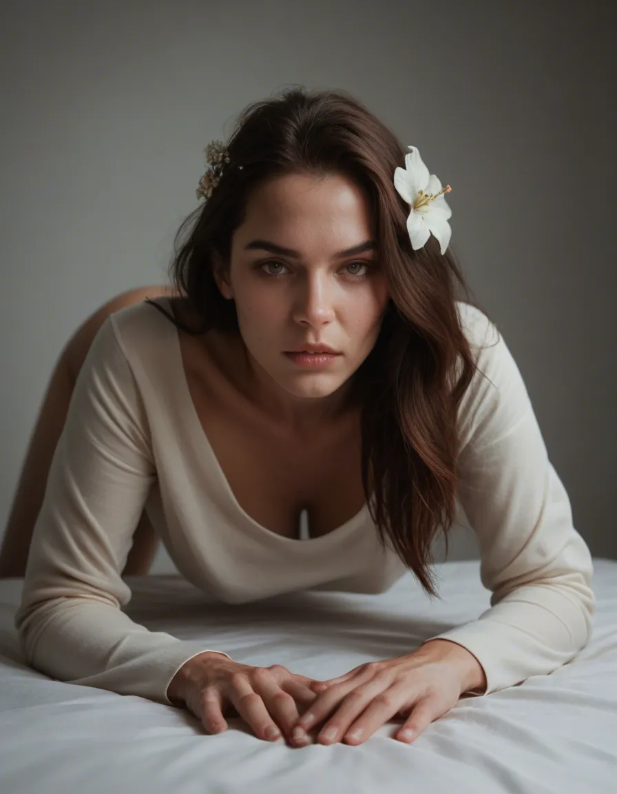 studio quality, sharp focus, princess, hair flower, long sleeves, doggy style, studio photo, score_9, score_8, candid photo, realistic skin texture, visible skin pores, film grain, depth of field