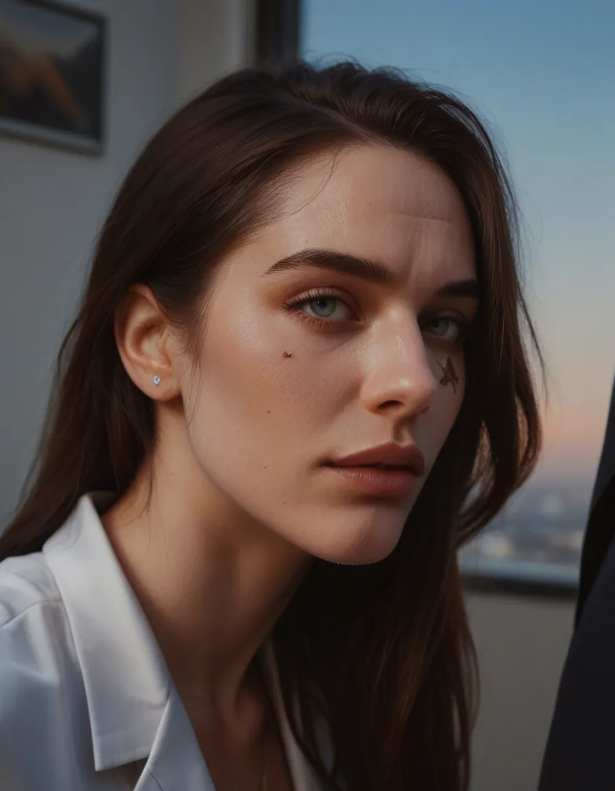 ultra HD, lifelike, close-up, office lady, doggy style, scar, blue sky, dslr quality, score_9, score_8, candid photo, realistic skin texture, visible skin pores, film grain, depth of field