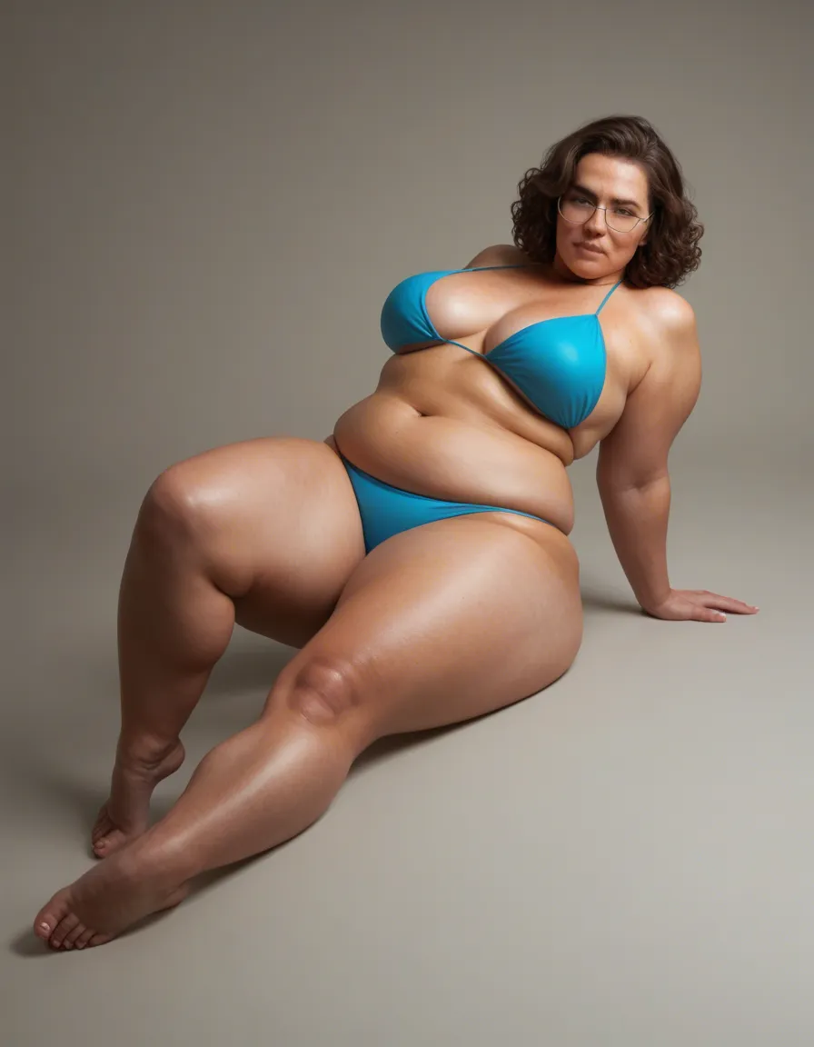 Realistic image. Full body image. South european etnicity. Bbw chubby woman. Mature woman 50-55 years old. Short curly brown hair. With glasses. Wears a glossy shiny light blue bikini. Laces on bikini bottom part. Wide hips, fat ass, chubby legs. Laying on poolside with legs opened. Top side view, score_9, score_8, candid photo, realistic skin texture, visible skin pores, film grain, depth of field