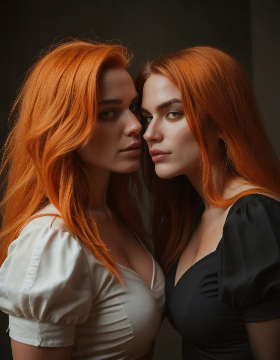 futanari, RAW photo, ultra realistic, 2girls, orange hair, puffy sleeves, futanari, 8k uhd photo, score_9, score_8, candid photo, realistic skin texture, visible skin pores, film grain, depth of field