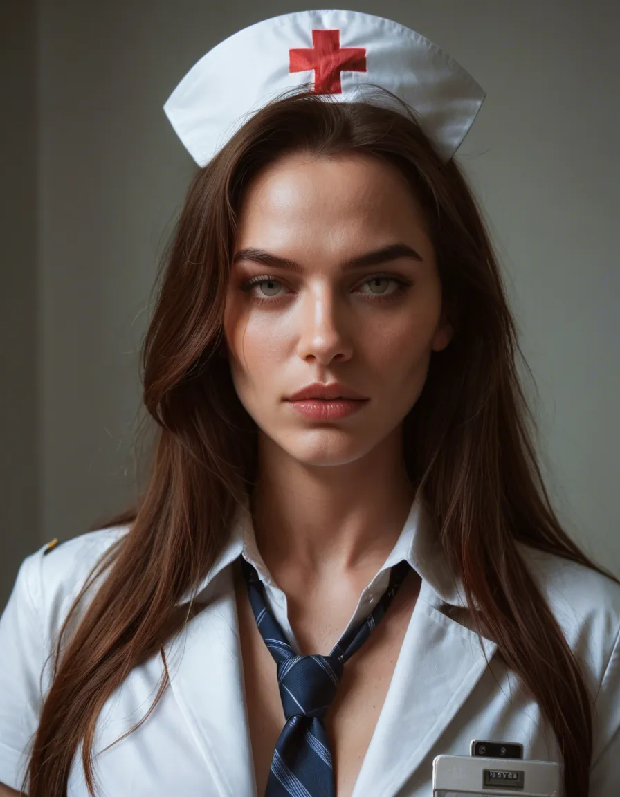 RAW photo, ultra realistic, nurse, very long hair, necktie, presenting, hyperrealistic, score_9, score_8, amateur photo, phone snapshot, realistic skin texture, skin blemishes, soft indoor lighting