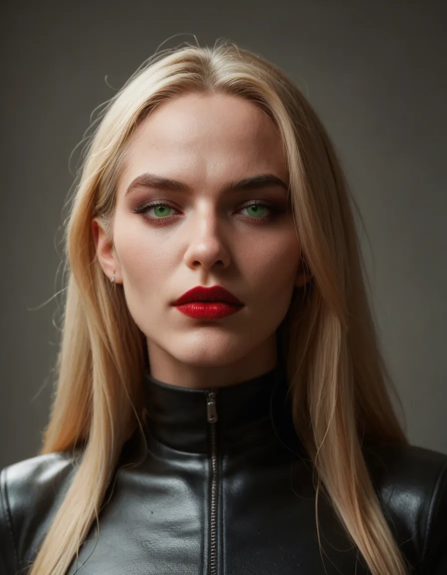 19 yo skinny blonde succubus with green eyes and lipstick , gothic leather clothes, score_9, score_8, candid photo, realistic skin texture, visible skin pores, film grain, depth of field