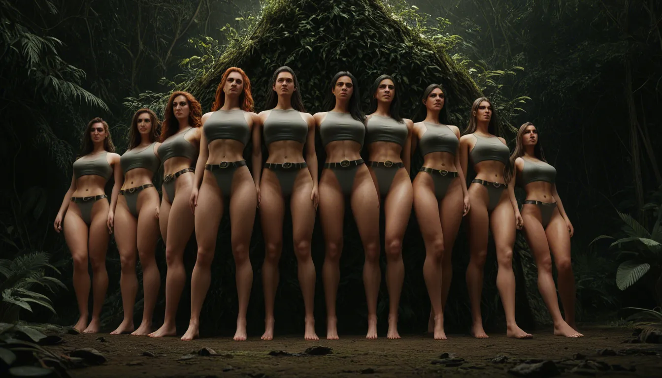 octane render, 8k, 5women, legs, belt, standing sex, plant, low angle, digital sculpture