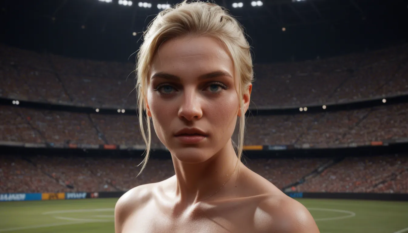 Heavenly gorgeous 30 year old British Female footballer Chloe Miller gets very up close to some of the fans of her team in a packed stadium after full time having helped her team to championship glory and unashamedly and unapologetically strips naked to reveal her body in all it’s bare glory and they then gasp in awe and admiration and then burst into applause for the courage and bravery she took to do this as she wanted to do this to empower and liberate women the world over and show everyone that the female body should be celebrated, respected and appreciated and thus escape the shackles of stigma, taboo, objectification and sexualisation. Natural long raven black hair in a ponytail, striking blue eyes, athletic body with firm and athletic breasts and a high, firm and sculpted bum. Feeling truly free and liberated she triumphantly, proudly and passionately raises her arms and clenched hands high above her head in celebration of this historic moment. She’s naked wearing only her boots. Her body glistening with sweat on a warm summer’s day, score_9, score_8, candid photo, realistic skin texture, visible skin pores, film grain, depth of field