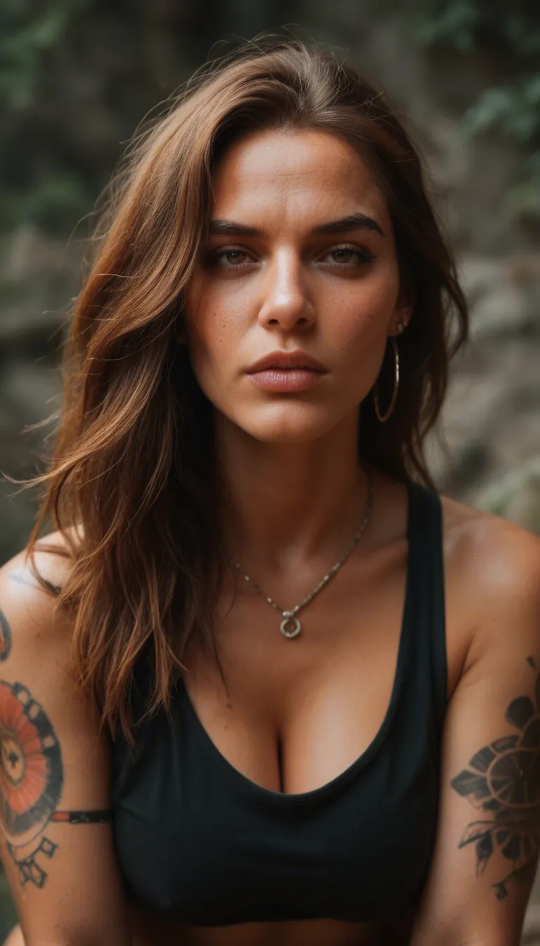 Clothed Hippie woman with piercings and tattoos. Showing no skin. Someone writes slut on her  with a marker and she quickly transforms into a pink bimbo with big tits covered in cum. She now looks confused but turned on and horny.