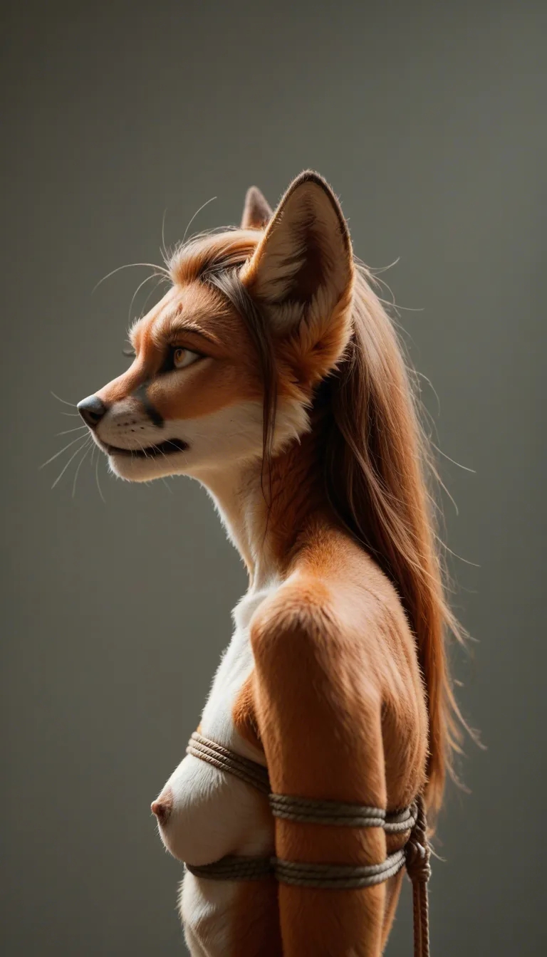 ultra HD, lifelike, side view, furry fox woman, bondage, pointy ears, lifelike render