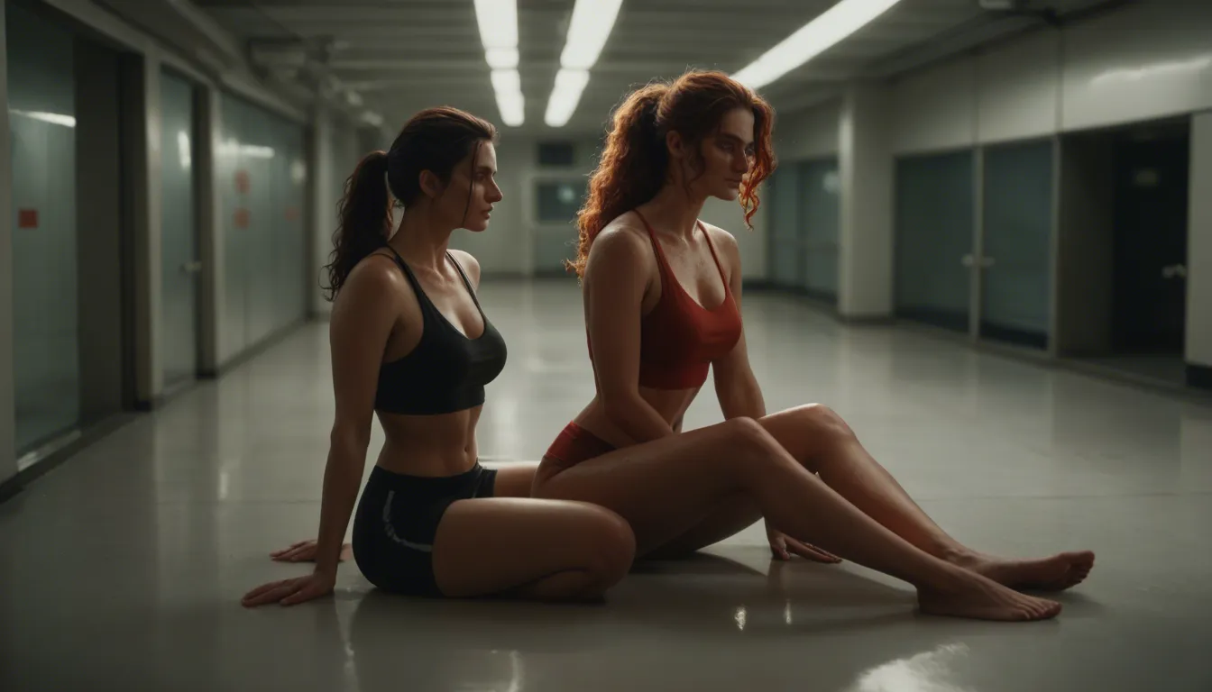 highly detailed, 20 years old women with wavy red hair, high ponytail, medium breasts, fair skin and freckles is sitting on the floor of a airport terminal showing open wet shaved pussy and sprending legs, leaning back on the wall. in front of her, a 25 years old woman with wavy blonde long hair, glasses, large breasts is on all four, bottom up, watching at her. they are smiling completely nude waiting bored for flight surrounded by backpacks and luggage. around them many other nude and non-nude passengers are walking or waiting. it is a sunny day, dslr quality