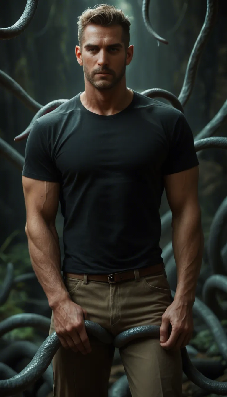 muscular adult man wearing black shirt and pants, thick tentacles suddenly appear and wrap around his body, tentacles grabbing his arms and legs, clothes still on, dark atmosphere, intense expression, highly detailed