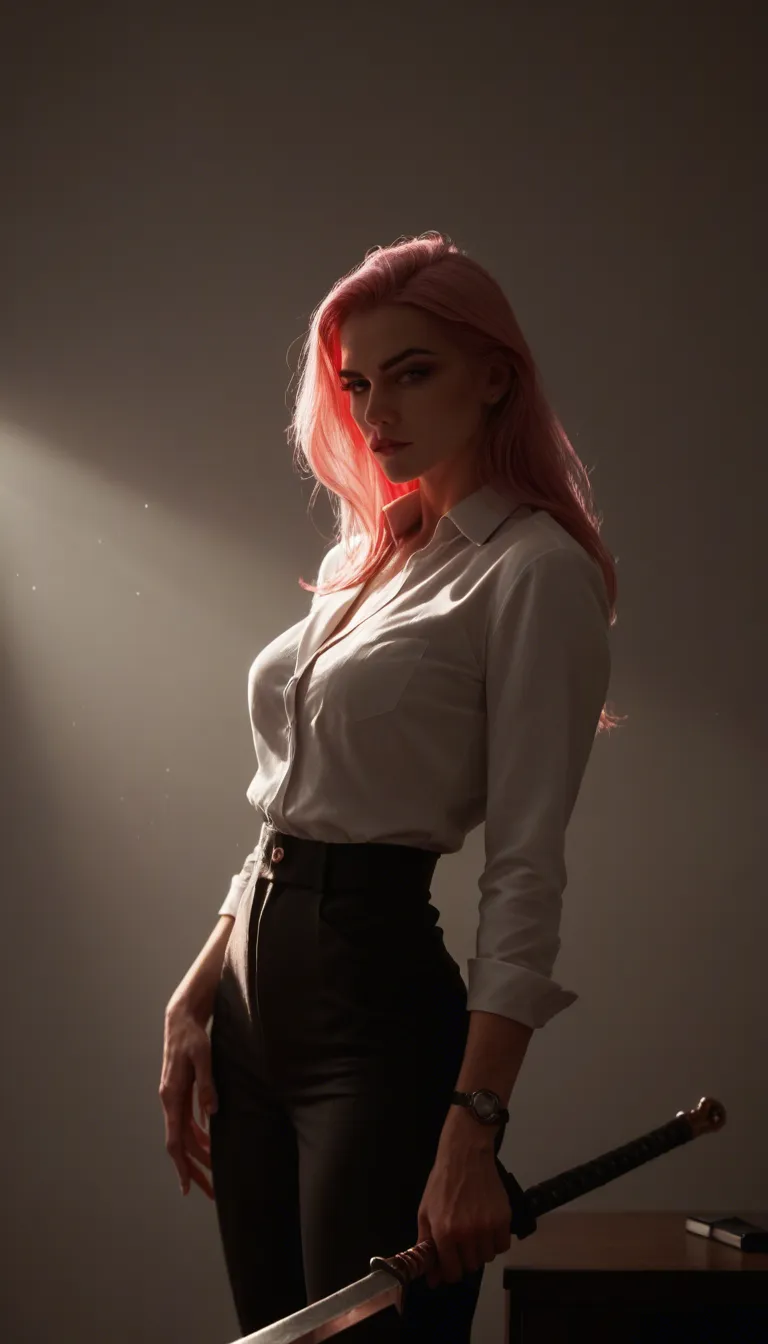 professional photo, high detail, succubus, pink hair, weapon, futanari, soft lighting, RAW photo, score_9, score_8, cinematic film still, anamorphic, film grain, dramatic lighting, shallow depth of field