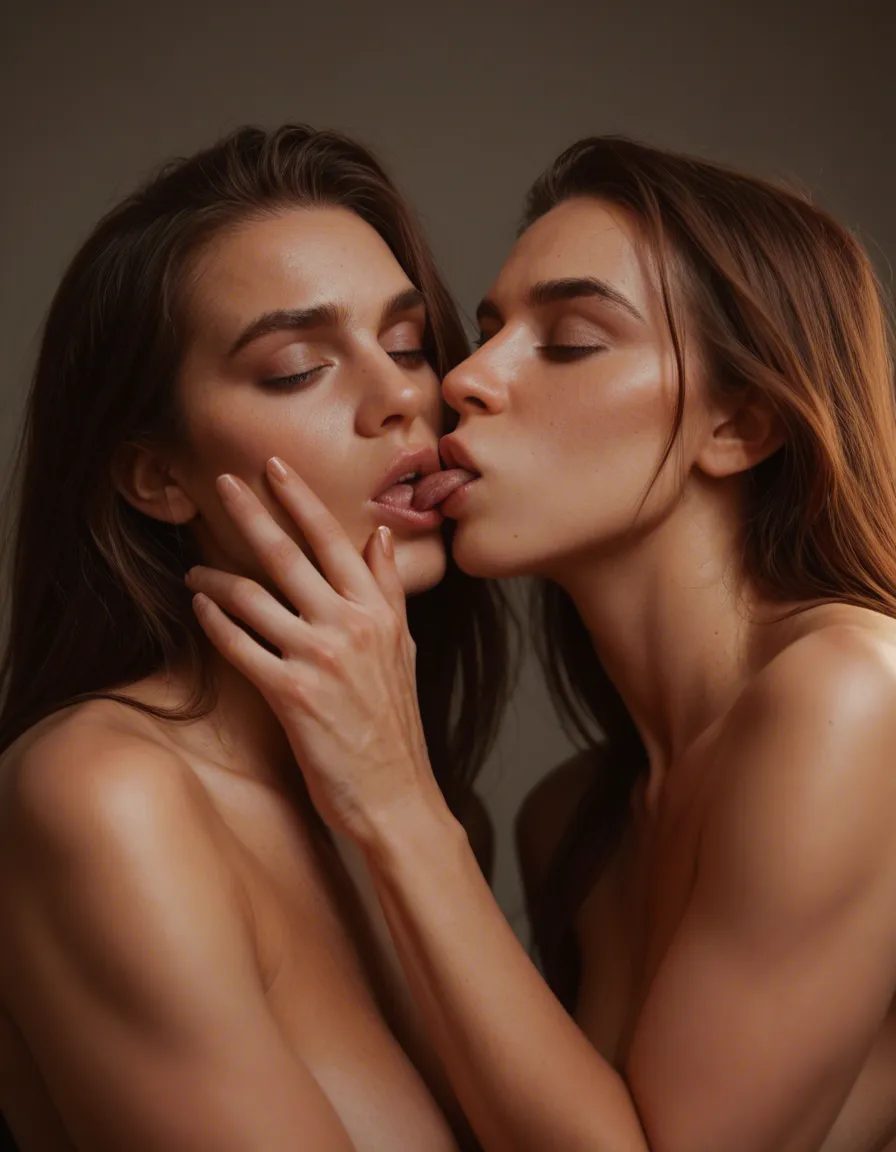 Two twins fingering and french_kiss herself, score_9, score_8, candid photo, realistic skin texture, visible skin pores, film grain, depth of field