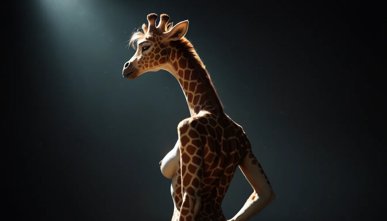 dslr, film grain, photorealistic, medium shot, giraffe, furry, curvy, topless, sideboob, dance, from_below