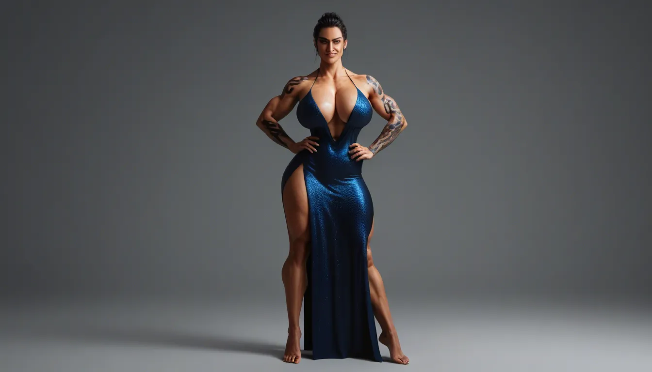 busty muscular woman huge breasts black snakes as hair black evening dress arching back hands on hips stand with one legs apart, almond red eyes evil smile big blue shoulder tattoos blue arm and forearm tattoos black stripes with daggers on thigh, fog dark castle