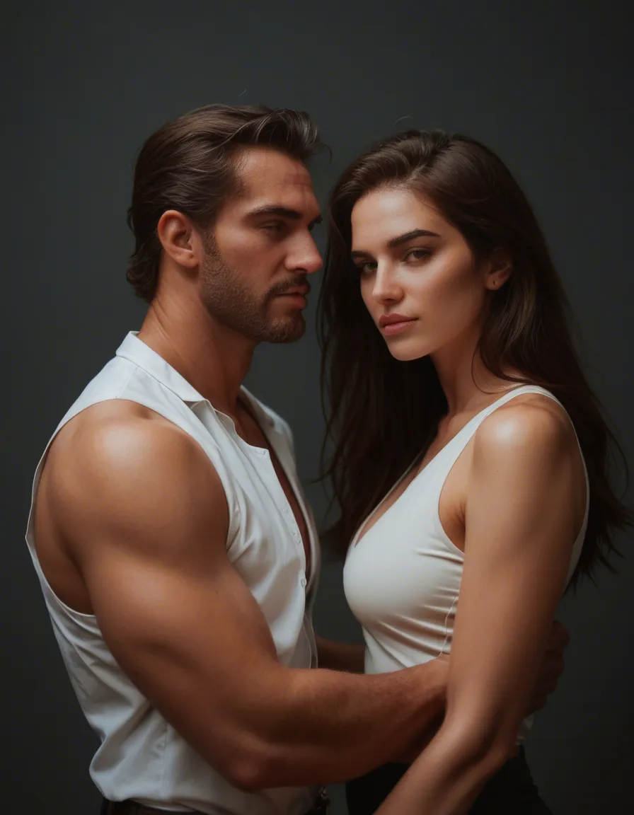 professional photo, high detail, couple, sleeveless, presenting, golden hour, 8k uhd photo, score_9, score_8, candid photo, realistic skin texture, visible skin pores, film grain, depth of field