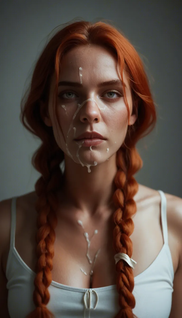 dslr, film grain, photorealistic, redhead woman, twin braids, ribbon, cum on face, neon glow, dslr quality