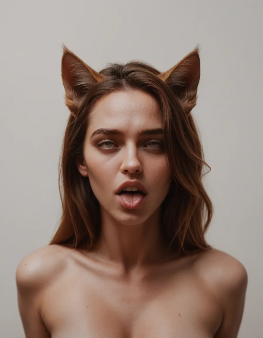 dslr, film grain, photorealistic, cowboy shot, catgirl, ahegao, lips, white background, dslr quality, score_9, score_8, candid photo, realistic skin texture, visible skin pores, film grain, depth of field