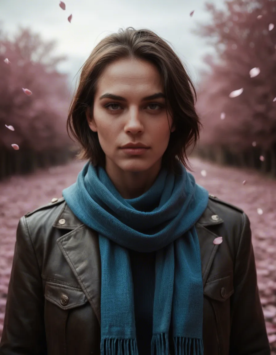 best quality, hyperrealistic, male focus, futanari, scarf, petals, 8k uhd photo, score_9, score_8, candid photo, realistic skin texture, visible skin pores, film grain, depth of field
