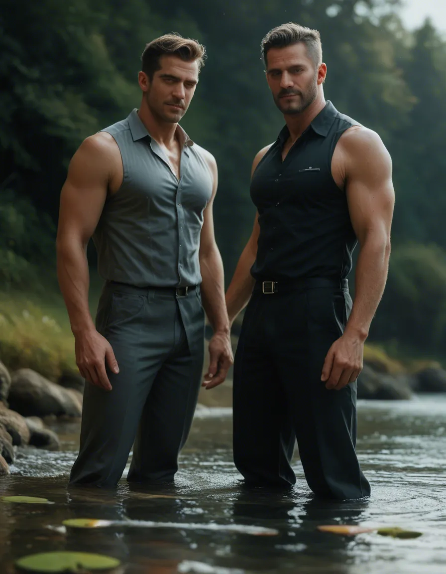 professional photo, high detail, 2boys, colored skin, sleeveless, presenting, water, dutch angle, natural skin texture, score_9, score_8, candid photo, realistic skin texture, visible skin pores, film grain, depth of field