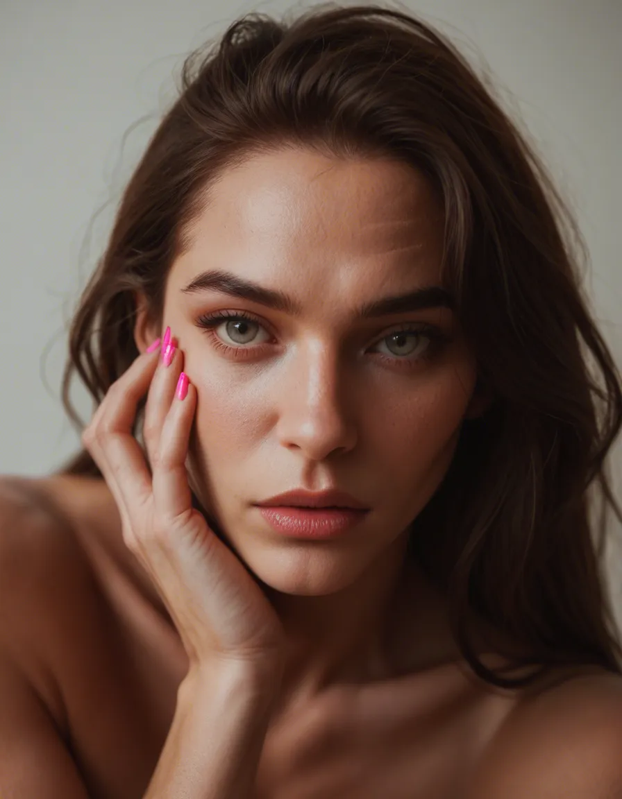 Sexy girl with her tonuge out up close and her hands with pink nails under her mouth, score_9, score_8, candid photo, realistic skin texture, visible skin pores, film grain, depth of field
