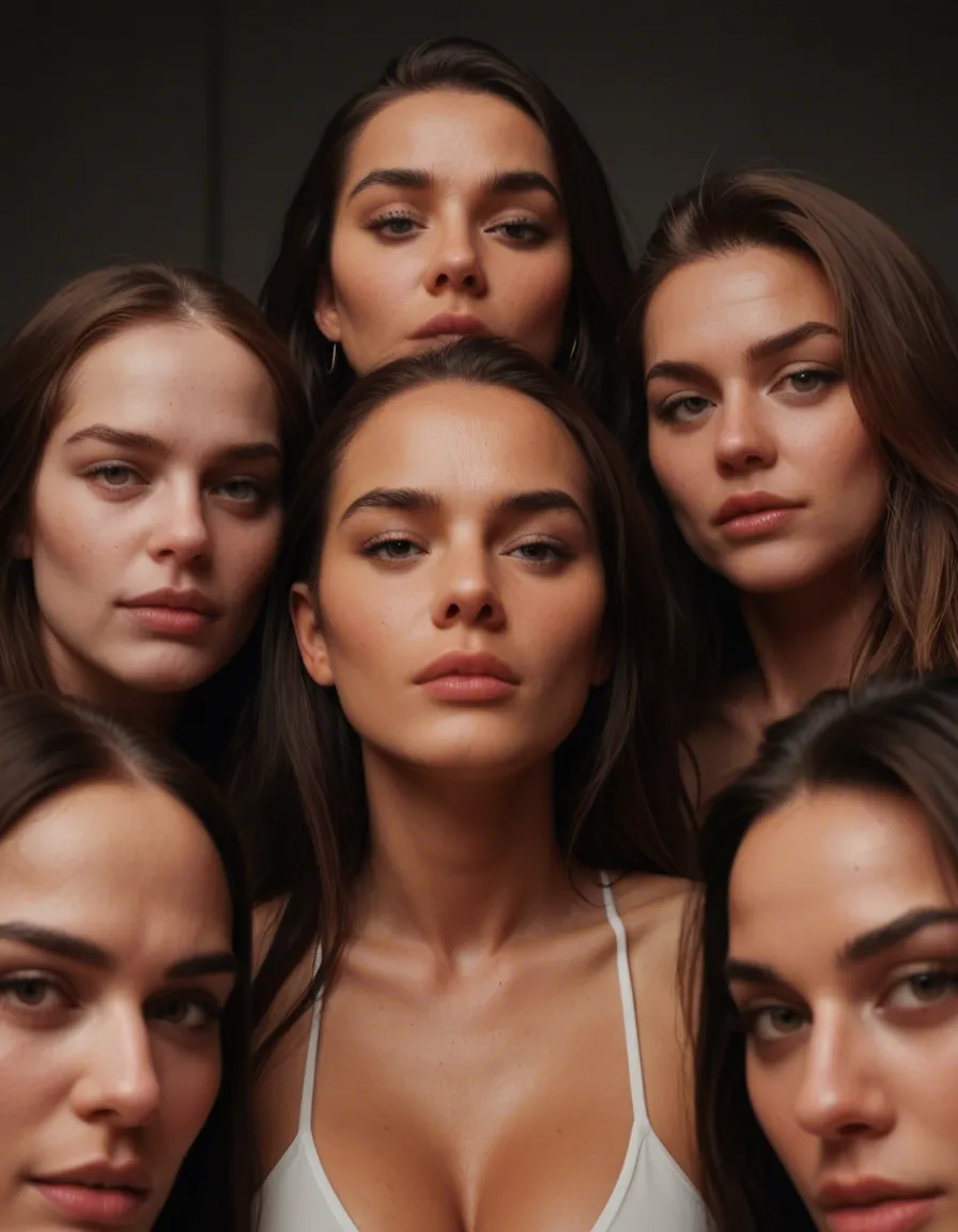 6+women brunette fuck non handsome guy, realistic graphik, score_9, score_8, candid photo, realistic skin texture, visible skin pores, film grain, depth of field