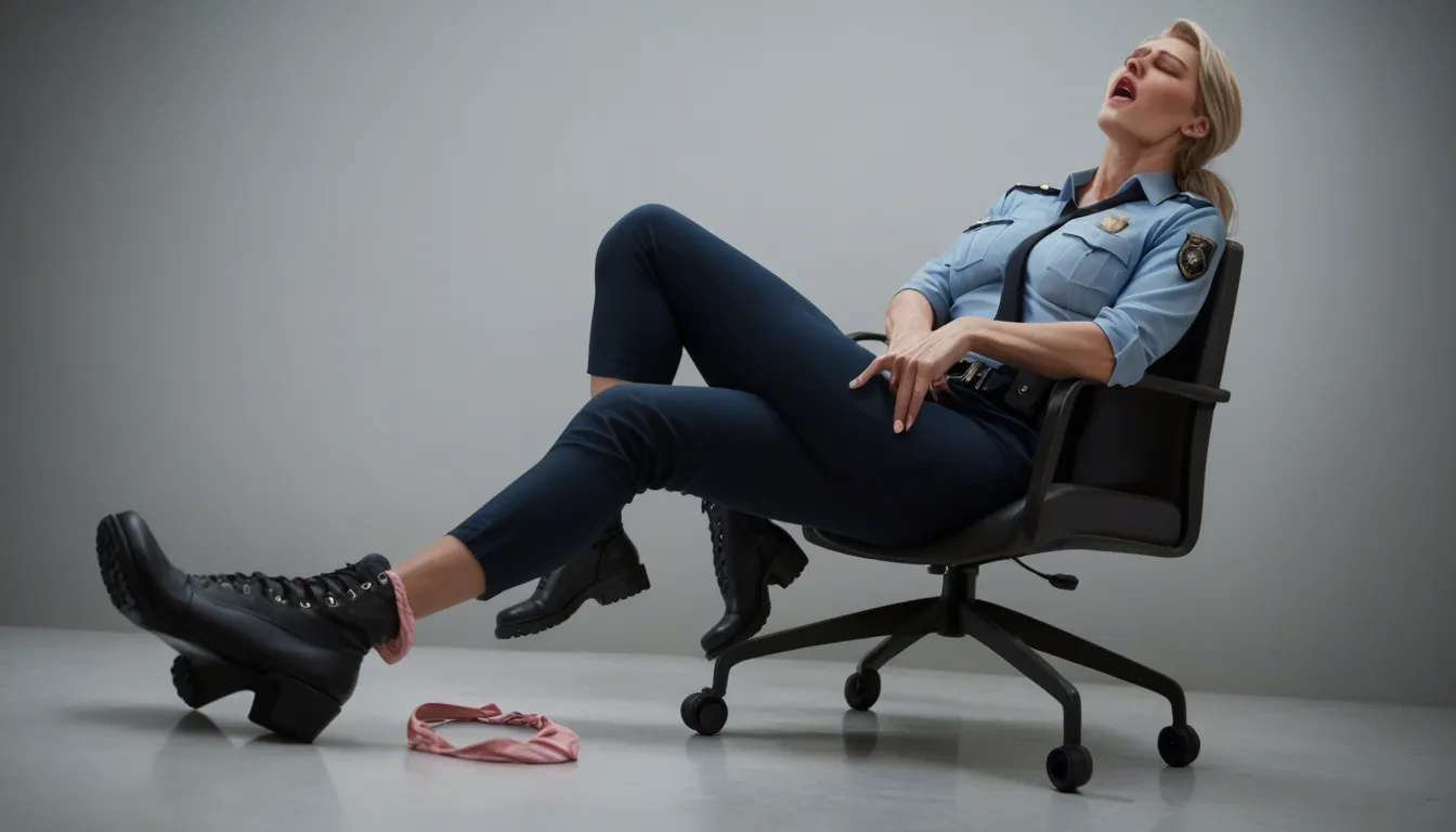 Short athletic blonde mature_female police officer wearing a police_uniform, pink panties around ankle, white socks. Her black uniform pants and boots are strewn on the floor. Female_masturbation, fingering, orgasm, some female_pubic_hair. Sitting in chair, leaning back, spread_legs , behind work desk, at police station., score_9, score_8, candid photo, realistic skin texture, visible skin pores, film grain, depth of field