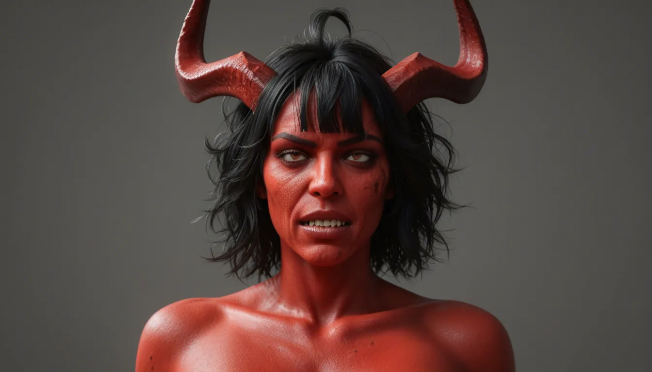 mature, demon woman, skin-covered horns, 2 horns, red skin, black hair, medium hair, messy hair, ahoge, fanged bangs, blunt bangs, purple highlights, purple eyes, slit pupils, long pointy ears, medium breasts, small breasts, perky breasts, freckles, freckled face, short horn, small horns, red horns, fangs, no tail, neck bulge, cheek bulge, cum in mouth, male pov, fellatio, under covers, bed, bedroom, morning, morning wood, lying on person, crawling, lifting covers, surprise,