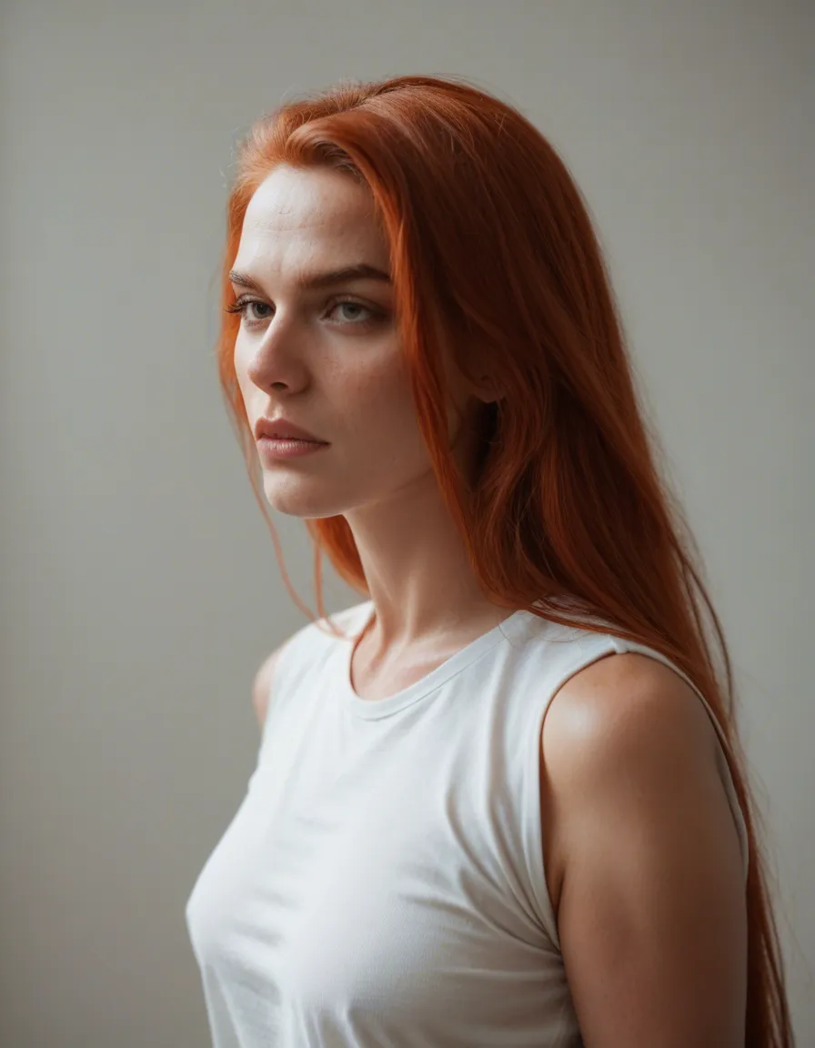 8k, sharp focus, detailed skin, redhead woman, very long hair, shirt, bondage, RAW photo, score_9, score_8, candid photo, realistic skin texture, visible skin pores, film grain, depth of field