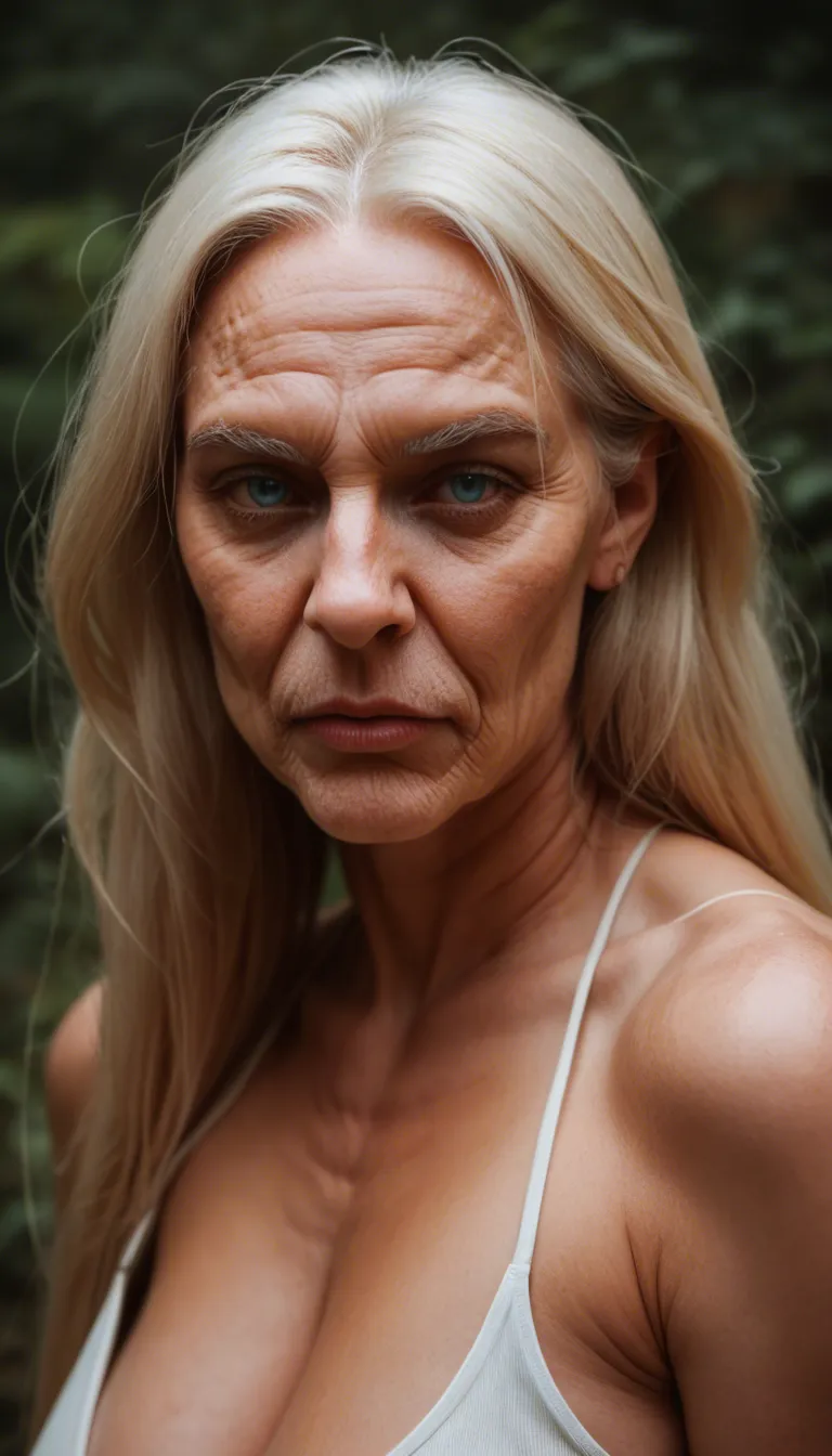 an old blonde grandma with a long homely-looking face, big nose, and blue eyes with big natural sagging boobs with oversized areolae and enormous abnormally long erect nipples is kneeling and stroking a big black uncut cock and laughing and pointing into the camera; Las Vegas penthouse suite at night; wide full body view