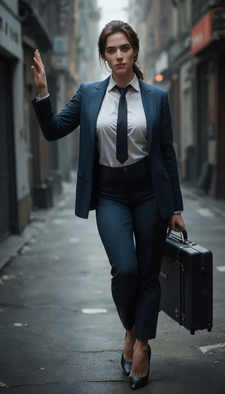 A short athletic brunette mature_female, wearing a dark blue blazer, white collared shirt, dark blue pants, and black heels, with a briefcase, in a jail cell, kneeling, giving an interracial deepthroat blowjob to a man with a large penis. Backlit, photorealistic, sharp focus.