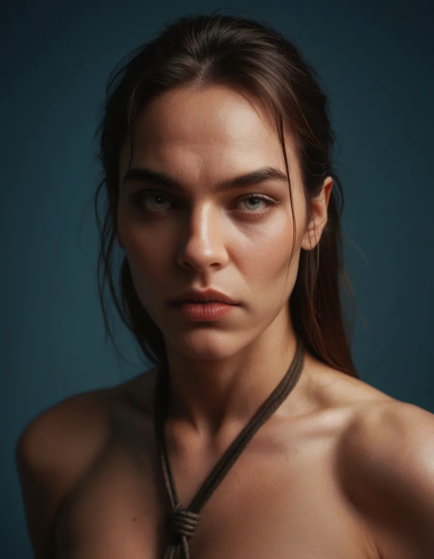 dslr, film grain, photorealistic, solo focus, bondage, standing, blue background, confident gaze, dslr quality, score_9, score_8, candid photo, realistic skin texture, visible skin pores, film grain, depth of field
