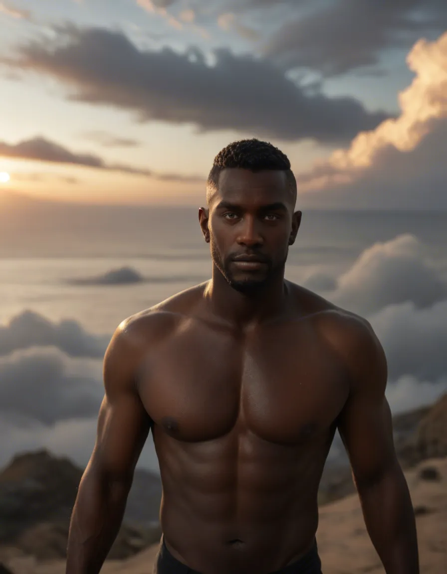 highly detailed, natural lighting, from above, male focus, bondage, dark-skinned male, cloud, RAW photo, score_9, score_8, candid photo, realistic skin texture, visible skin pores, film grain, depth of field